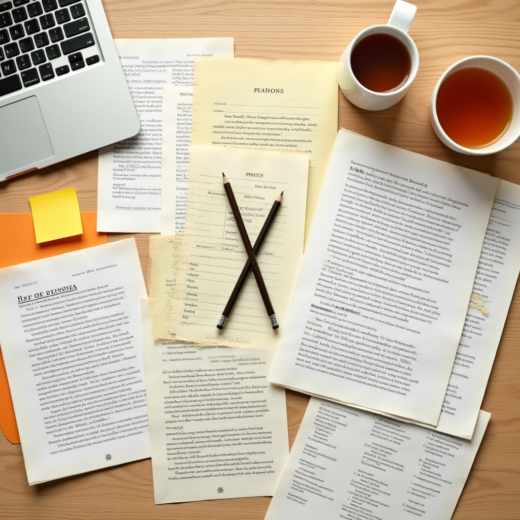 Open platform documentation and research papers spread on a research desk with highlighters and notes