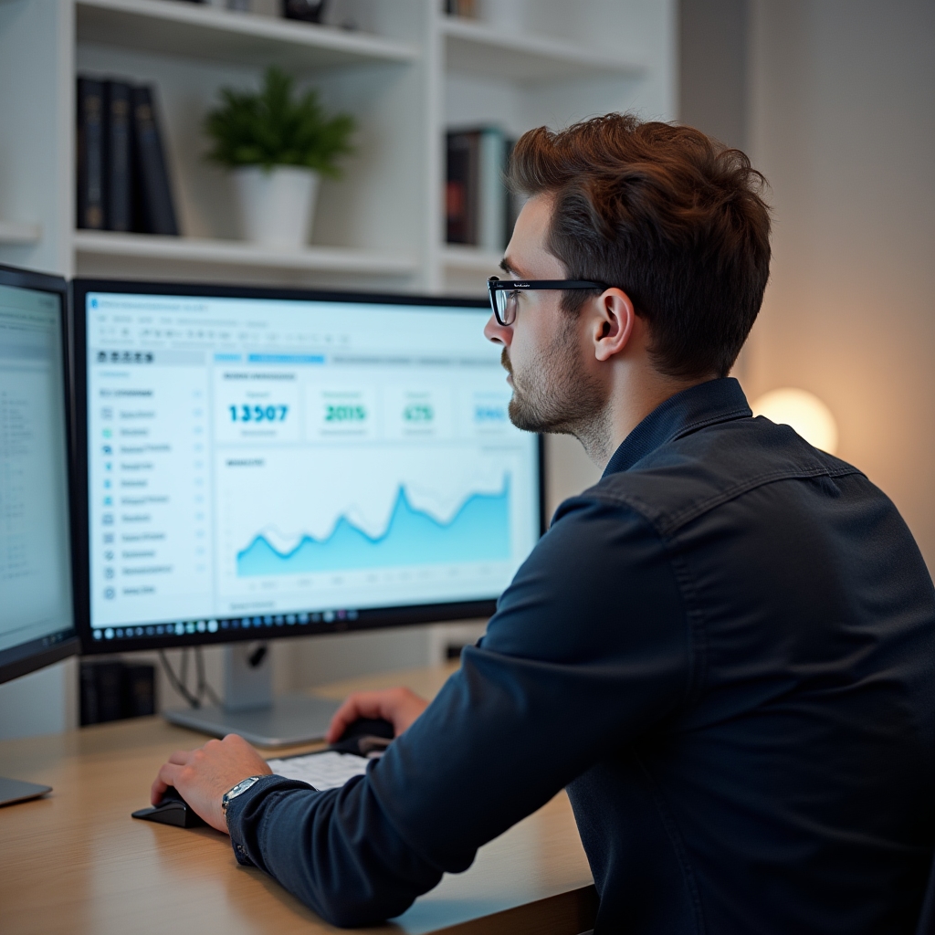 Business owner monitoring review analytics dashboard on a desktop computer in a professional office setting